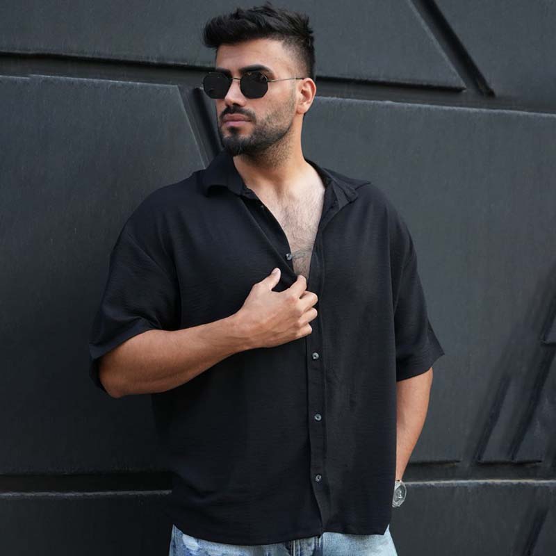 پیراهن آستین کوتاه مشکی مردانه مدل باکسی